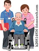 retratos, de, feliz, homem idoso, em, cadeira rodas, e, seu, enfermeiras