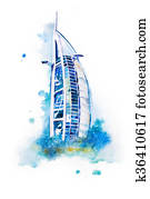 watercolor drawing of Dubai hotel. Burj Al Arab aquarelle painting watercolor drawing of Dubai hotel. Burj Al Arab aquarelle painting