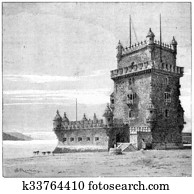 belem, torre, em, lisboa, portugal, vindima, gravura belem, torre, em, lisboa, portugal, vindima, gravura