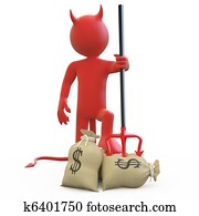 diablo, con, el suyo, tridente, pegado, en, saco