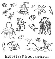 fish and sea life hand drawn doodle icons set eps10