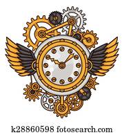 Steampunk clock collage of metal gears in doodle style Steampunk clock collage of metal gears in doodle style