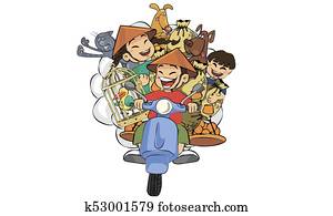 Vietnamese on motobike with all his family and things colored