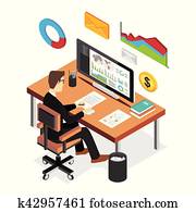 Businessman analyzing financial statistics dashboard. Business intelligent concept. Flat 3d isometric business technology concept. Businessman analyzing financial statistics dashboard. Business intelligent concept. Flat 3d isometric business technology concept.