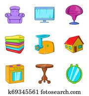 Sweet home icons set, cartoon style Sweet home icons set, cartoon style