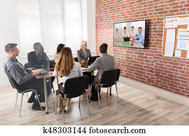 mitarbeitergruppe, haben, videokonferenz