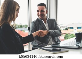 obchodník, handshake, obchodnice, do, úřadovna.