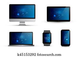 Set of realistic electronic gadgets. Abstract blue wallpaper. Computer monitor, laptop, smart watch, mobile phone, tablet. Isolated vector illustration. Mock up template. Set of realistic electronic gadgets. Abstract blue wallpaper. Computer monitor, laptop, smart watch, mobile phone, tablet. Isolated vector illustration. Mock up template.