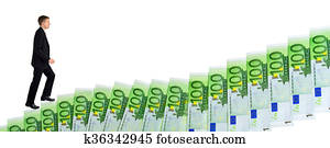 Businessman climbing up stairs of money Businessman climbing up stairs of money