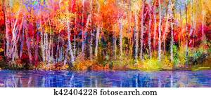 Oil painting landscape - colorful autumn trees Oil painting landscape - colorful autumn trees