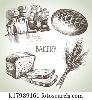 panificadora, esboço, ícone, set., vindima, mão, desenhado, ilustrações
