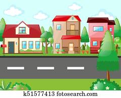 Scene with houses in neighborhood Scene with houses in neighborhood