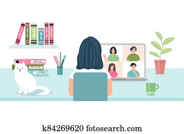 Woman at the computer chatting with friends. Remote work or training. A female character using a computer for a group virtual meeting. Video conferencing and online communication vector concept. Woman at the computer chatting with friends. Remote work or training. A female character using a computer for a group virtual meeting. Video conferencing and online communication vector concept.