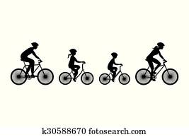 실루엣, 의, 가족, 통하고 있는, bicycles.