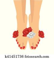 beautiful woman feet with red pedicure and roses around beautiful woman feet with red pedicure and roses around