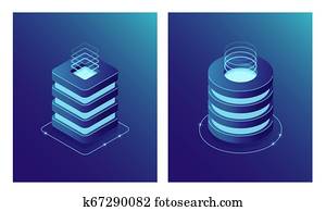 Isometric Database and Data Center, Server room rack, Cloud computing and File cloud storage. Two web icon. Isometric Database and Data Center, Server room rack, Cloud computing and File cloud storage. Two web icon.