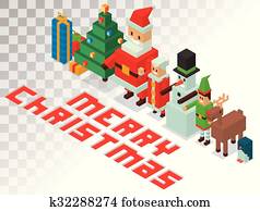 סנטה, missis, כלאאס, עוזרות, משפחה, איזומטרי, 3d, איקונים, וקטור, דוגמה