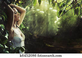 adorável, excitado, morena, em, um, floresta amazônica