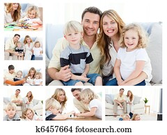 Collage of a family spending goods moments together and posing at home Collage of a family spending goods moments together and posing at home