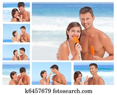 Collage of a lovely couple eating some ice creams on a beach