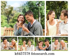 Collage of lovely couples eating ice creams in a park