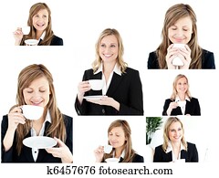 Collage of two blonde women enjoying some coffee