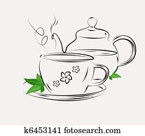 Drawing of tea pot and cup on white Drawing of tea pot and cup on white