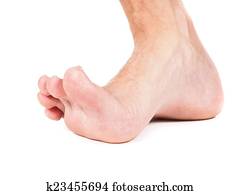 Male foot stepping barefoot isolated against white