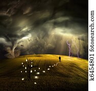 Man picks fruit of ideas and drops them behind him Man picks fruit of ideas and drops them behind him