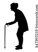 צללית, של, אישה מזדקנת, עם, שחוי, השקע, ללכת, עם, קנה