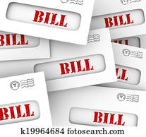 Bill word in the windows of may envelpes to illustrate a pile or stack of many overdue bills, invoices, payment notices and account balances that must be paid