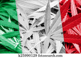 Italy Flag on cannabis background. Drug policy. Legalization of marijuana Italy Flag on cannabis background. Drug policy. Legalization of marijuana