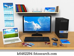 Office workplace with desktop computer, laptop and other devices Office workplace with desktop computer, laptop and other devices
