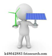 3D Character holding wind turbine and solar panels in his hands 3D Character holding wind turbine and solar panels in his hands
