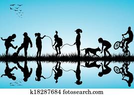 egy csoport gyerek, körvonal, játék