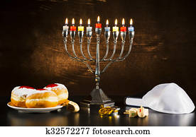 feriado judeu, hanukkah, com, menorah, torah, donuts, e, madeira, dreidels