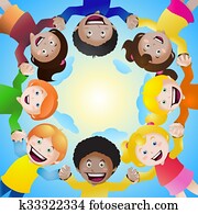 niños que tienen manos, en, círculo