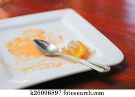 Soiled cake plate on wood table 