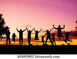 grande, família, silueta