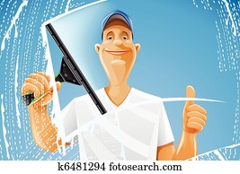 איש, לנקות, חלון, מגב, רסס