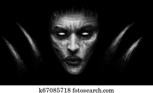 Creepy witch girl face. Black and white colors. Creepy witch girl face. Black and white colors.