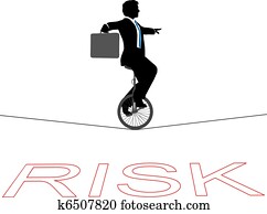 Business man unicycle tightrope over financial risk Business man unicycle tightrope over financial risk