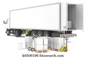 Distribution. Open trailer with pallets, boxes and trucks. Part of a Blue and yellow Warehouse and logistics series. Distribution. Open trailer with pallets, boxes and trucks. Part of a Blue and yellow Warehouse and logistics series.