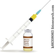 Immunization, Measles Mumps Rubella Vaccine Syringe With Yellow Vaccine, Vial Of Medicine Isolated On A White Background. Vector Illustration. Immunization, Measles Mumps Rubella Vaccine Syringe With Yellow Vaccine, Vial Of Medicine Isolated On A White Background. Vector Illustration.