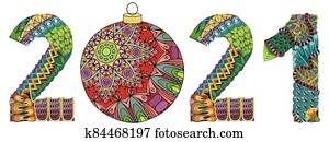 Number 2021 with a Christmas ball Zentangle. Vector decorative object Number 2021 with a Christmas ball Zentangle. Vector decorative object