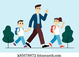 Social distancing at school after pandemic. Back to school concept after epidemic. Kids wearing face masks and maintaining safe distance. New normal scene for children.