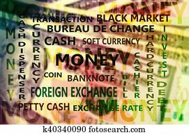 esencial, financiero, término, fondo, con, dólares, billete de banco, tarjeta, fondo.