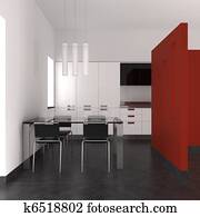 מודרני, פנים, עם, מטבח, ו, חדר של סעודה