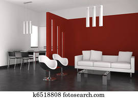 מודרני, פנים, עם, סלון, חדר של סעודה, ו, מטבח