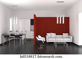 מודרני, פנים, עם, סלון, חדר של סעודה, ו, מטבח